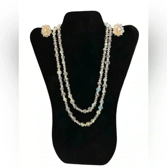Glass Aurora Borealis Crystal Dual Strand Necklace + Clip Earrings marked Lisner - Picture 1 of 8